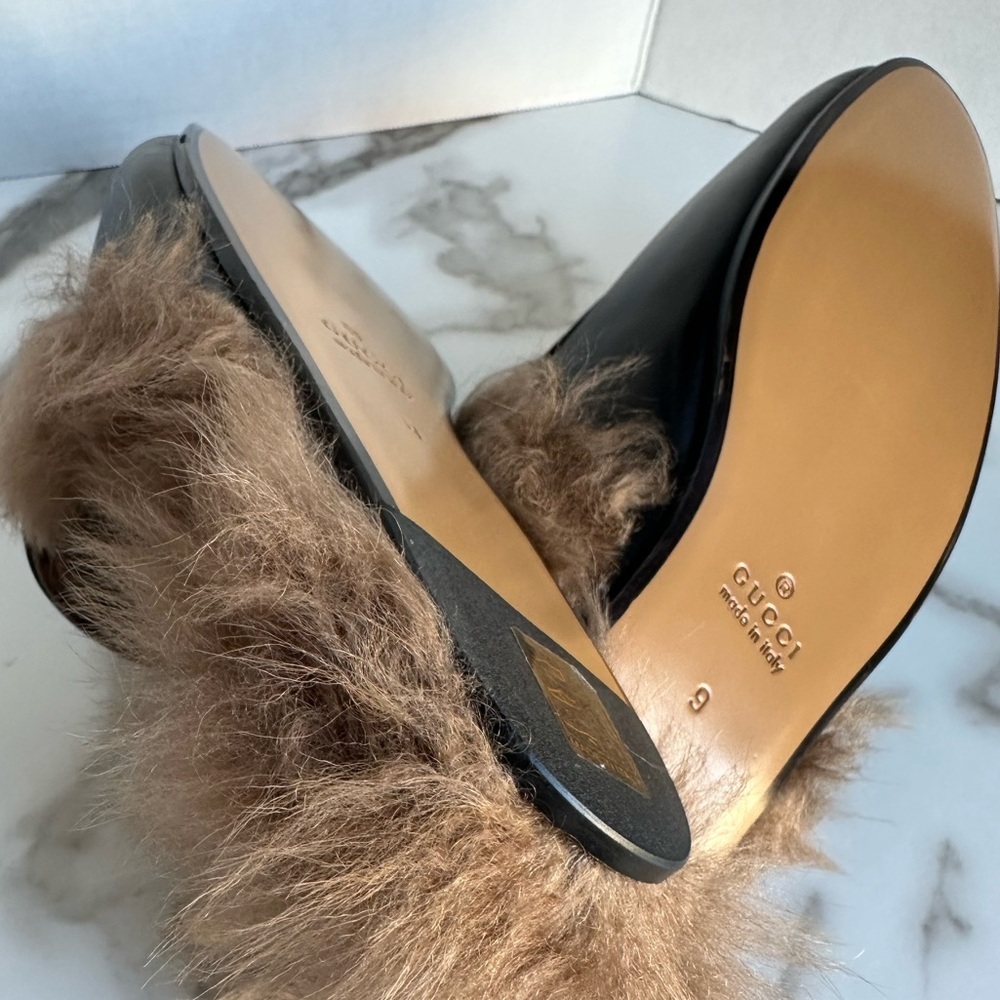 Gucci Princetown Black Leather Fur Loafer Slide Slip On Mule Slipper Flat 9 - Picture 10 of 14